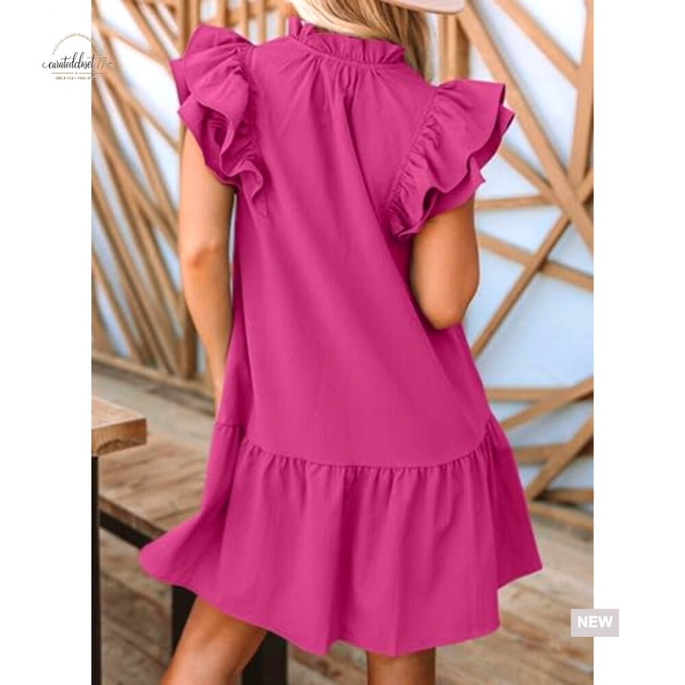 V-Neck Drawstring Ruffle Cap Sleeve Mini Dress with Side Pockets - Picture 4 of 7